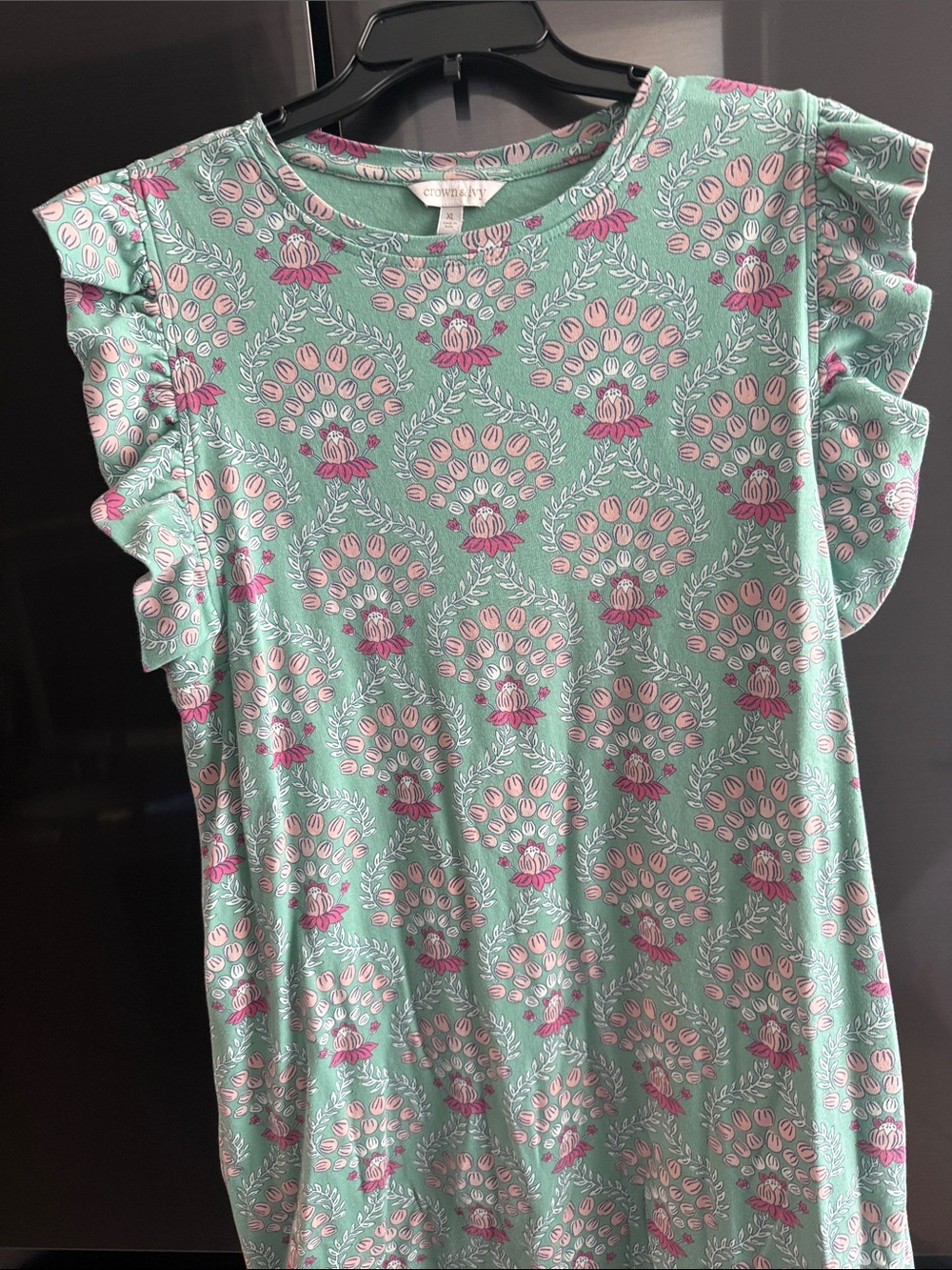 crown & ivy Mint Green Floral Cotton Tee with Pink and Cream Accents
